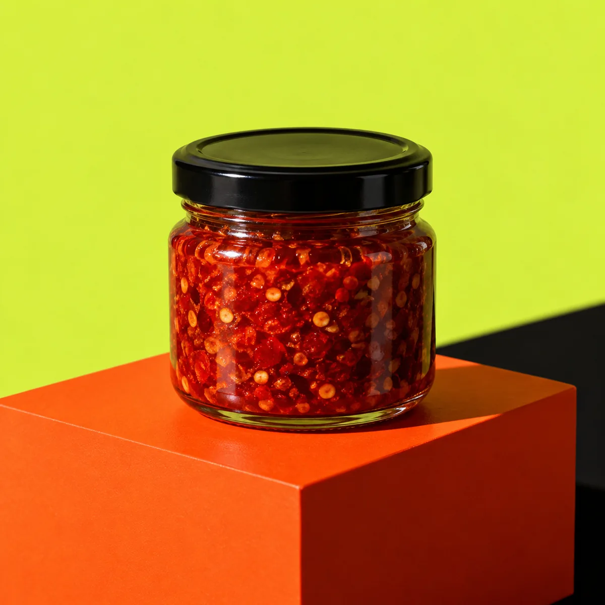 Pot sambal met zwart deksel op oranje blok tegen lime en zwarte achtergrond.