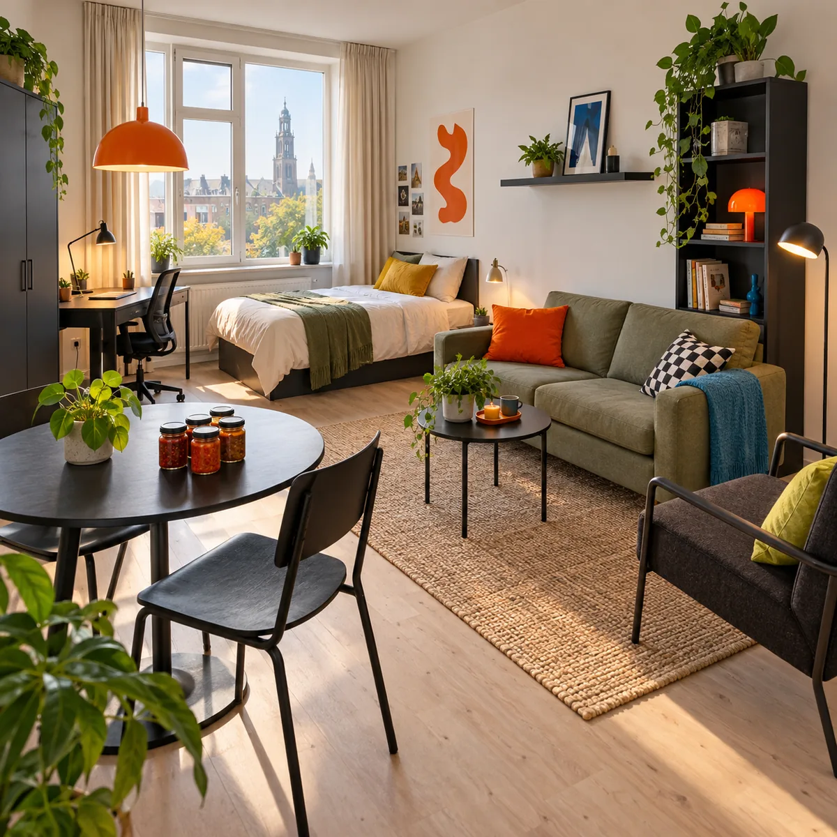 Open kamer met groene bank, ronde eettafel, bed met plaid en boekenkast met planten.