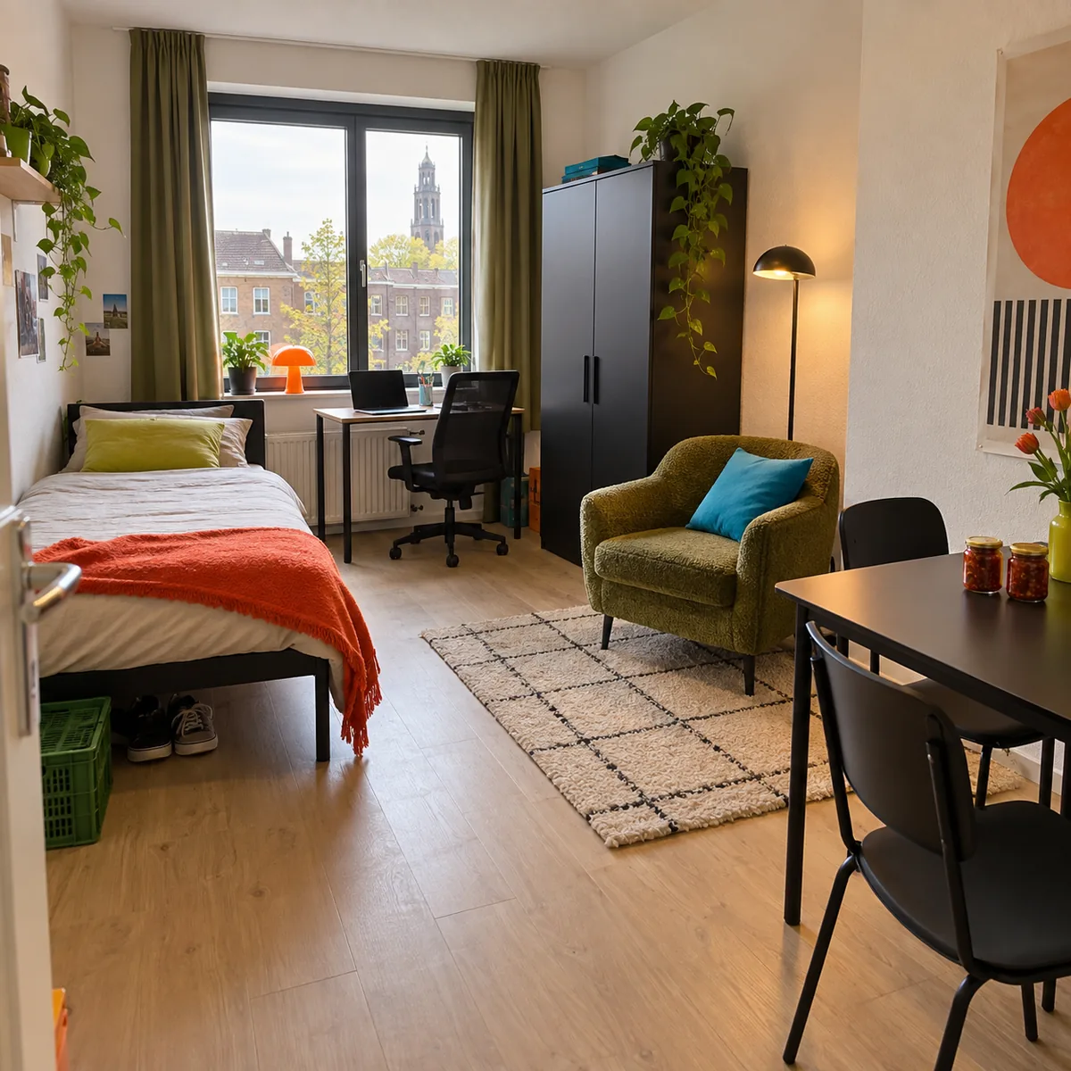 Studentenkamer met eenpersoonsbed, groene fauteuil, bureau en uitzicht op de Martinitoren.