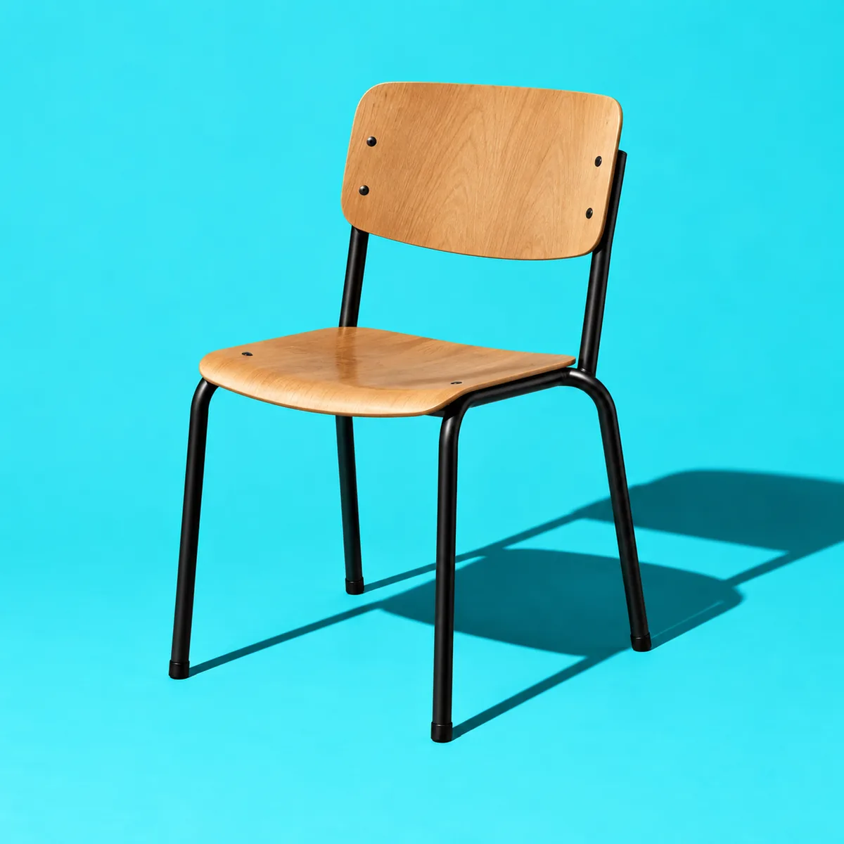 Stapelbare stoel met licht hout en zwart buisframe op turquoise achtergrond.