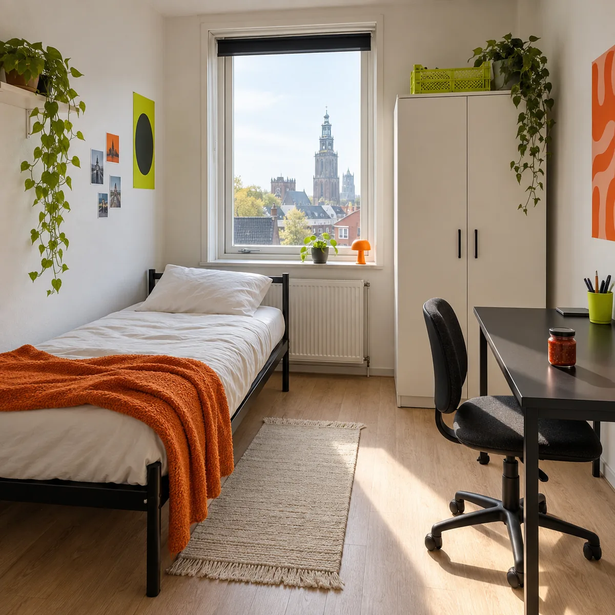 Compacte kamer met bed, oranje deken, bureau met stoel en raam met kerktoren.
